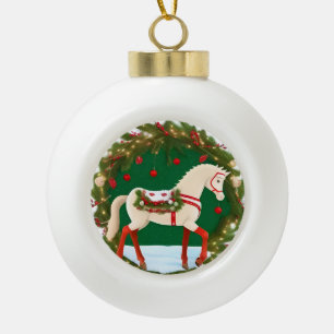 White Christmas Horse with Festive Wreath Ceramic Ball Christmas Ornament