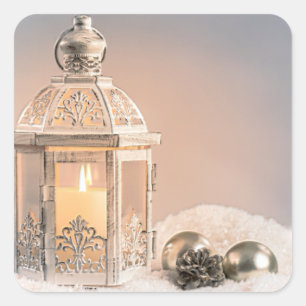 White Christmas Lantern and Ornaments Square Sticker