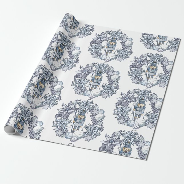 White Christmas Nutcracker Wreath Wrapping Paper (Unrolled)