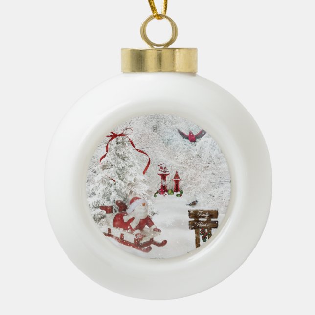 White Christmas Ornament Snowman Sled Cardinal (Front)