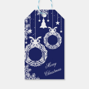 White Christmas Ornament Wreath on Blue Gift Tags