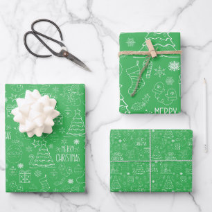 White Christmas Outlines on Parakeet Green Wrapping Paper Sheet