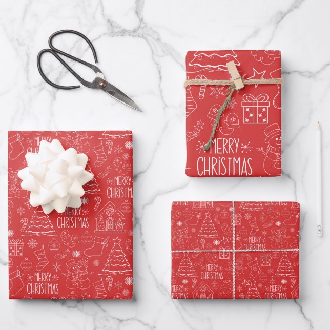 White Christmas Outlines on Red Wrapping Paper Sheet (Front)