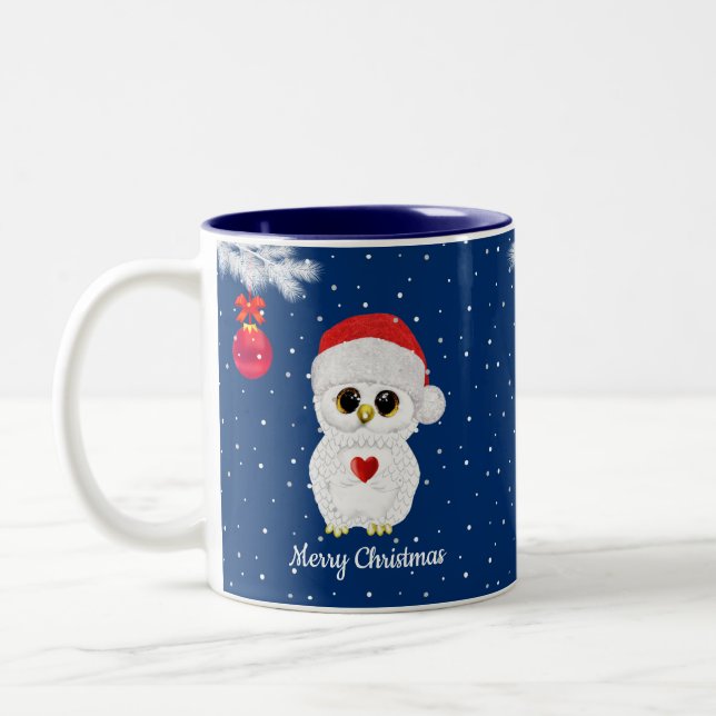 White Christmas Owl on Blue Two-Tone Coffee Mug (Left)