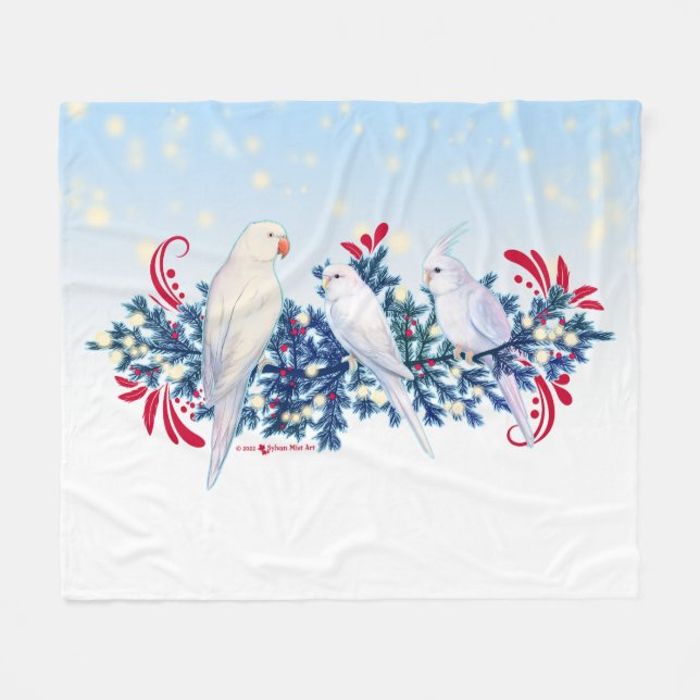 White Christmas Parrots Fleece Blanket (Front (Horizontal))