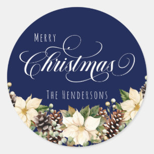 White Christmas Poinsettia blue   Classic Round Sticker