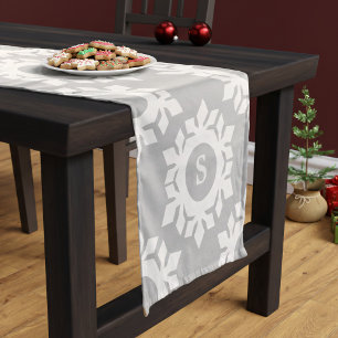 White Christmas Snowflake Monogram on Silver Grey Short Table Runner