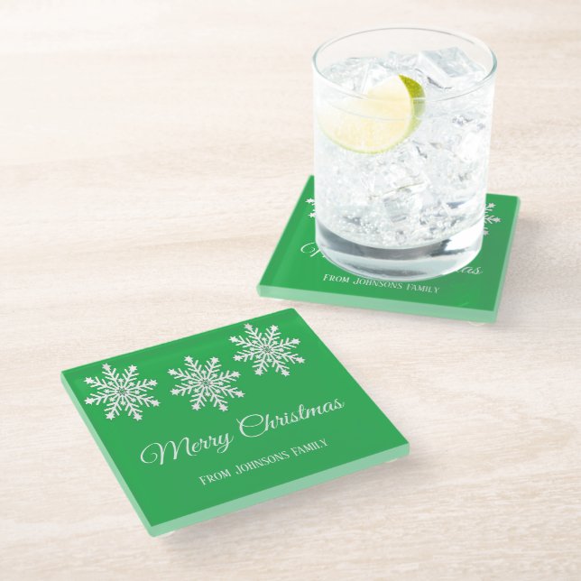White Christmas snowflakes Merry Christmas green Glass Coaster (Angled)