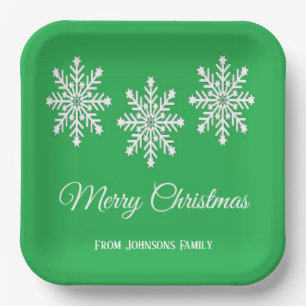 White Christmas snowflakes Merry Christmas green Paper Plate