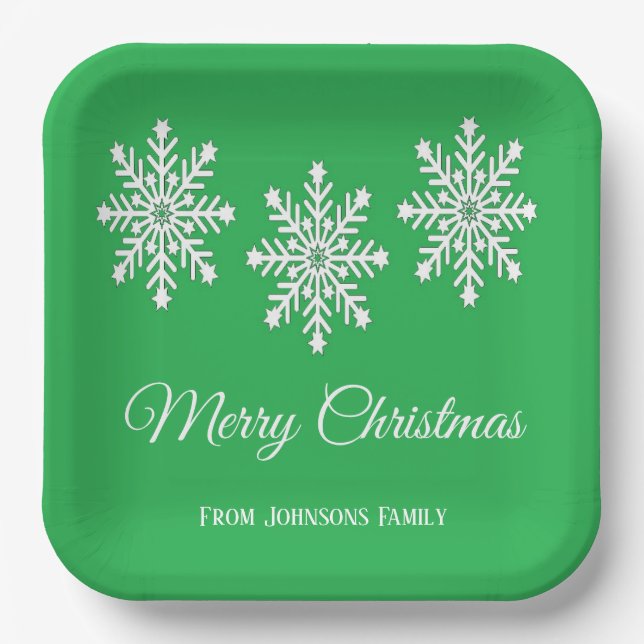 White Christmas snowflakes Merry Christmas green Paper Plate (Front)