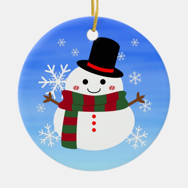White Christmas Snowman Ceramic Ornament (Front)