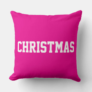 White CHRISTMAS Sporty Text On Bright Holiday Pink Cushion