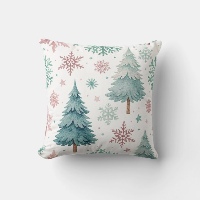 White Christmas Tree and Snowflake Throw Pillow (Front)
