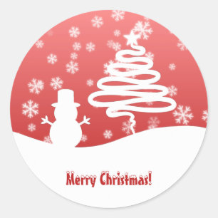White Christmas Tree and Snowman Classic Round Sticker