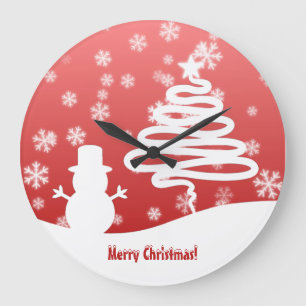 White Christmas Tree and Snowman Large Clock