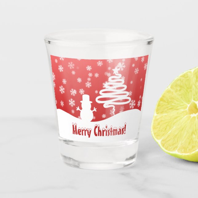 White Christmas Tree and Snowman Shot Glass (Front)