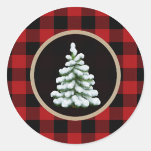 White Christmas Tree Holiday Red Buffalo Plaid Classic Round Sticker