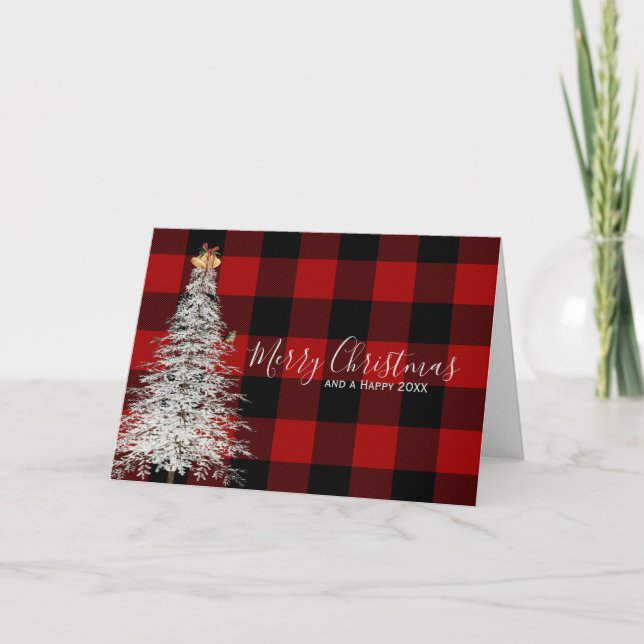 White Christmas Tree on Plaid Card (Front)