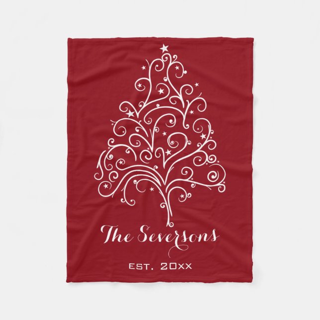 White Christmas Tree on Red Fleece Blanket (Front)