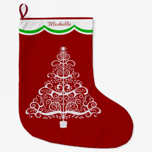 White Christmas Tree on Red Personalised Large Christmas Stocking