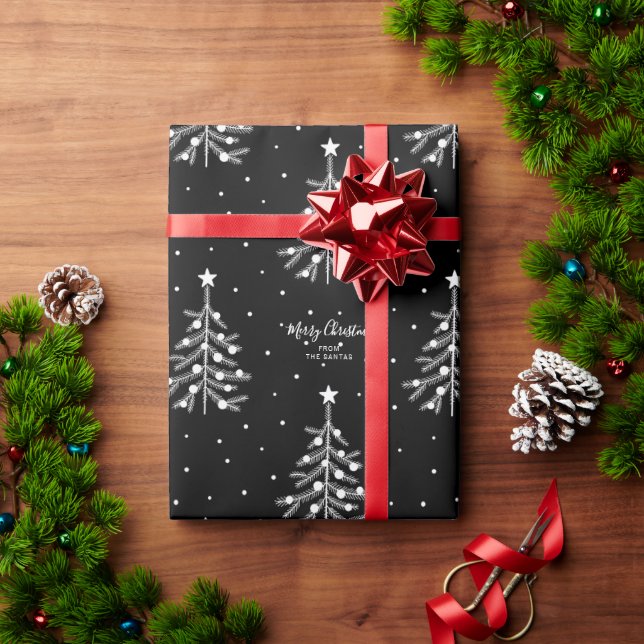 White Christmas Tree Pattern Custom Text Black Wrapping Paper (Holiday Gift)