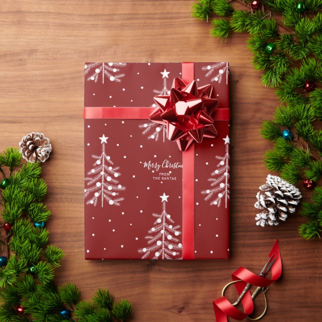 White Christmas Tree Pattern Custom Text Red Wrapping Paper (Holiday Gift)