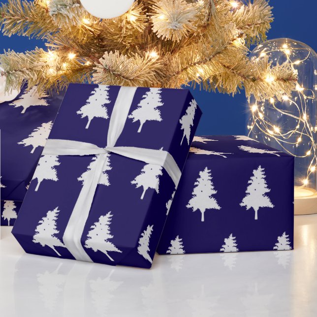 White Christmas Tree Pattern Dark Blue Holiday Wrapping Paper (Holidays)