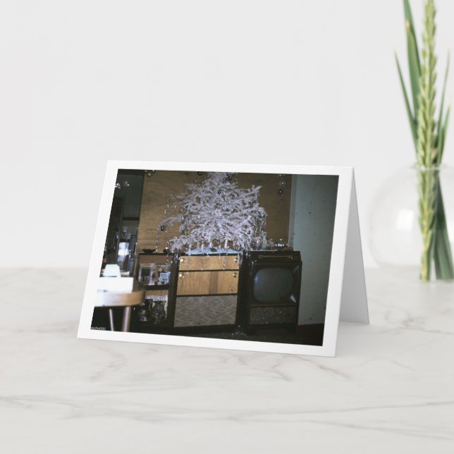 White Christmas Tree Retro TV Vintage Holiday Card (Front)