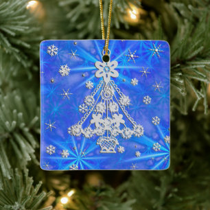 White Christmas Tree Snowflakes Over Blue Ceramic Tree Decoration