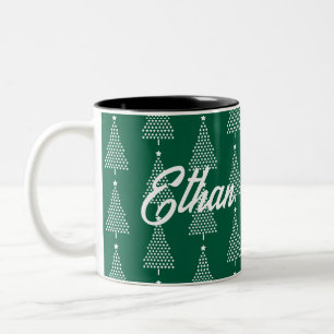 White Christmas Tree Stars Pattern On Green Two-Tone Coffee Mug
