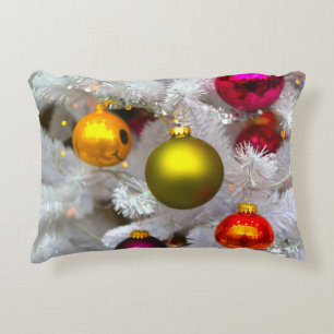 White Christmas Tree With Colourful Baubles Decorative Cushion