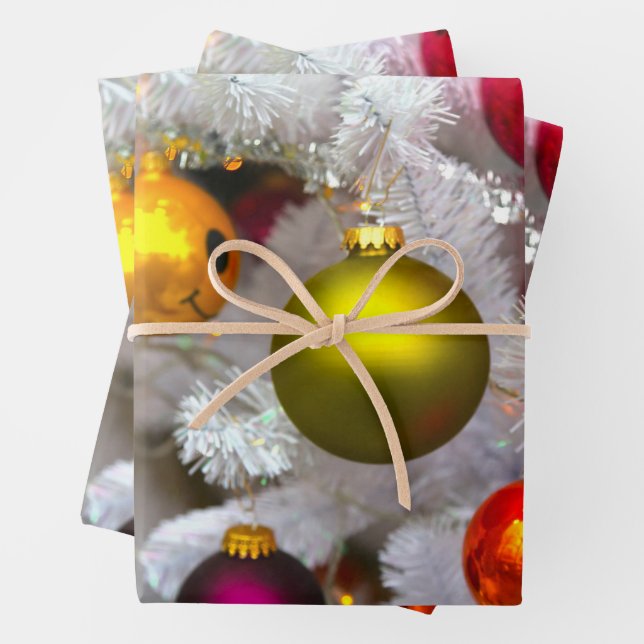 White Christmas Tree With Colourful Baubles Wrapping Paper Sheet (In situ)