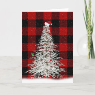 White Christmas tree with hat and bird Card