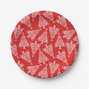 White Christmas Tree with Red Backing Round  Paper Plate