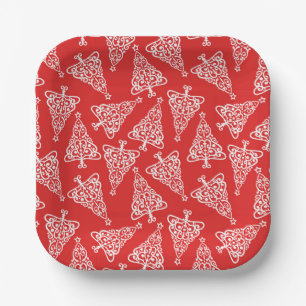 White Christmas Tree with Red Backing Square Paper Plate