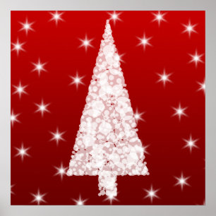 White Christmas Tree with Stars on Red. Poster