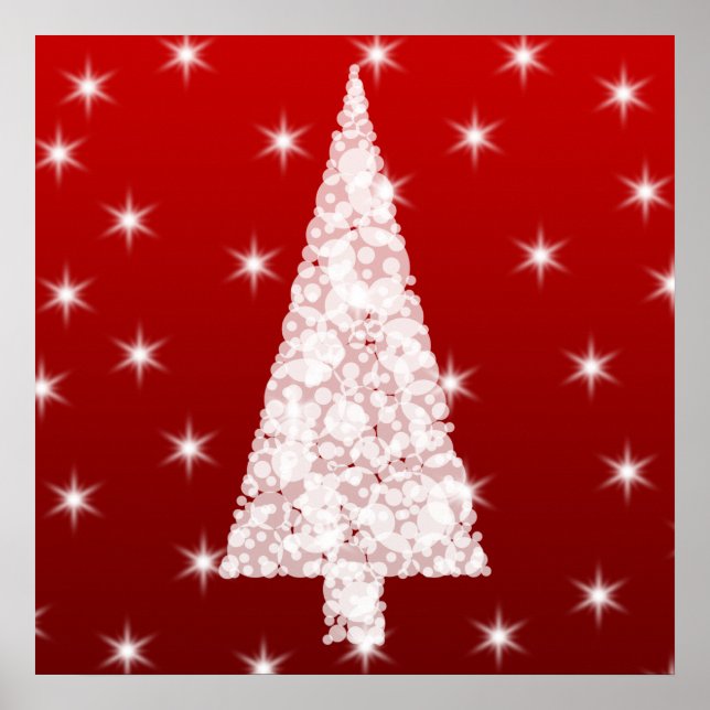 White Christmas Tree with Stars on Red. Poster (Front)