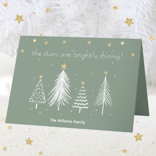 White Christmas Trees, Gold Stars, Family Name Hol Holiday Card