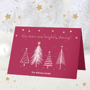 White Christmas Trees, Gold Stars, Family Name Red Holiday Card