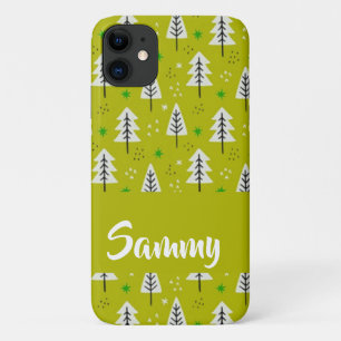 White Christmas trees on green iPhone 11 Case