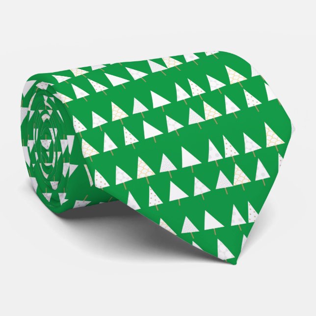White Christmas Trees on Green Christmas Party Tie (Rolled)
