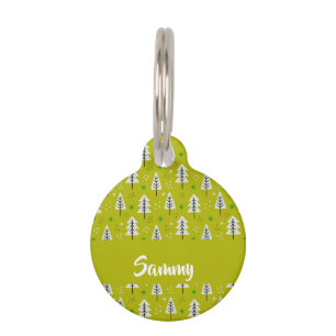 White Christmas trees on green Pet Tag