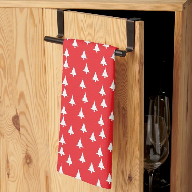 White Christmas Trees Red  Tea Towel (Thirds Fold)