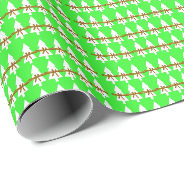 White Christmas Trees Wrapping Paper Bright Green  (Roll Corner)