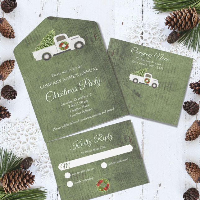 White Christmas Truck Green Wood Company Party All In One Invitation (Creator Uploaded)