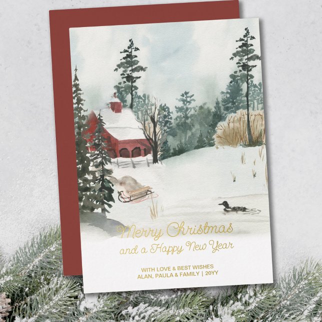 White Christmas Watercolor Winter Landscape Gold Foil Holiday Card (Creator Uploaded)