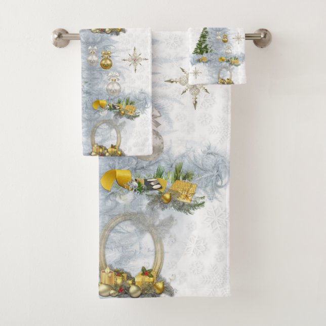 White Christmas Wedding Repeat Design Bath Towel Set (Insitu)