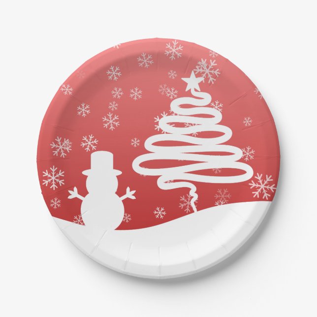 White Christmas Winter Wonderland Snowman Tree Paper Plate (Front)