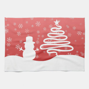 White Christmas Winter Wonderland Snowman Tree Tea Towel