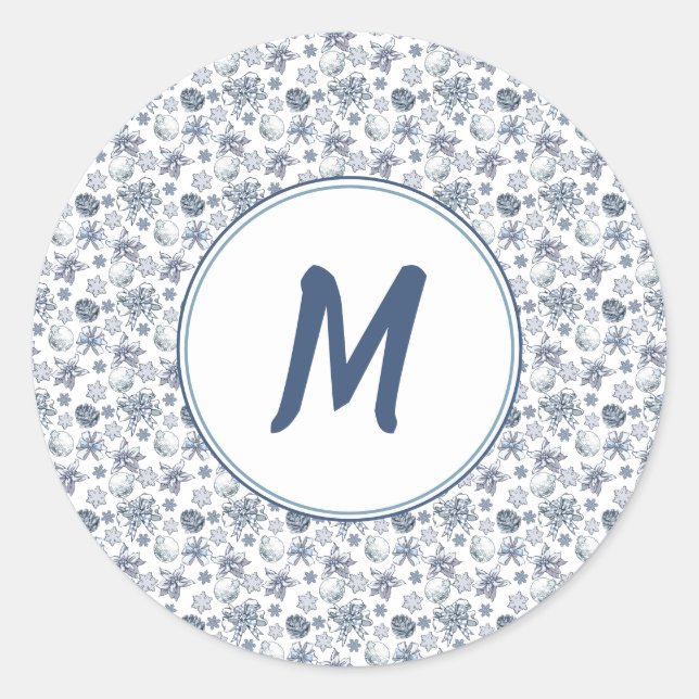 White Christmas With Monogram  Classic Round Sticker (Front)